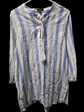 Women's J. Crew White and Light Blue Striped Midi Dress with Tassel Tie Size L